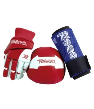 Kit Reno Iniciació (guants, genolleres i canellera) Prebenjamí Vermell-Blanc