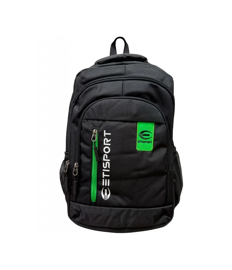Mochila deportiva Etisport con varios compartimentos. Detalles en verde