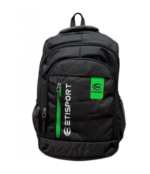 Mochila deportiva Etisport con varios compartimentos. Detalles en verde