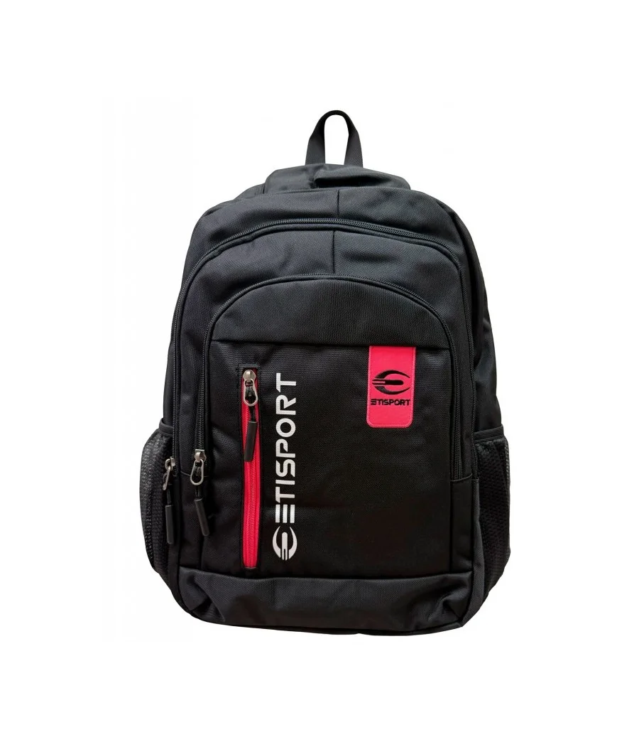 Mochila deportiva Etisport con varios compartimentos. Detalles en fucsia